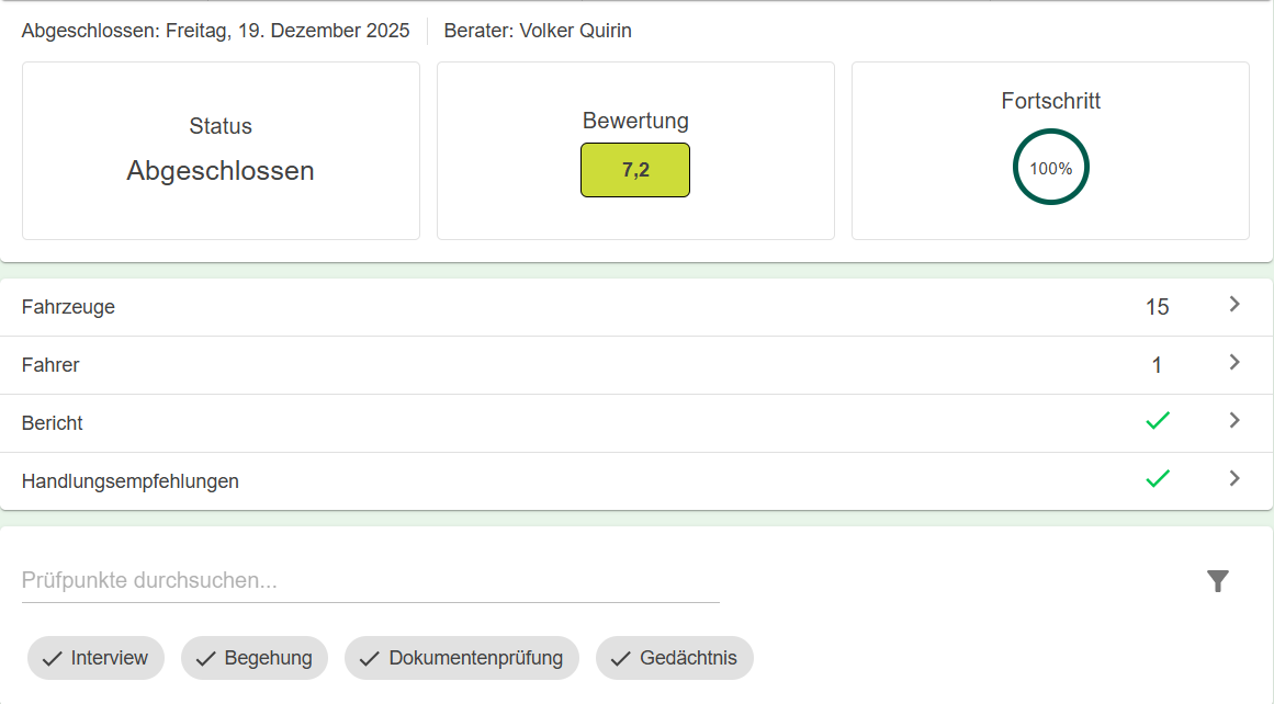 Audit report in ForkX showing status, score 7.2, progress and checkpoint filters