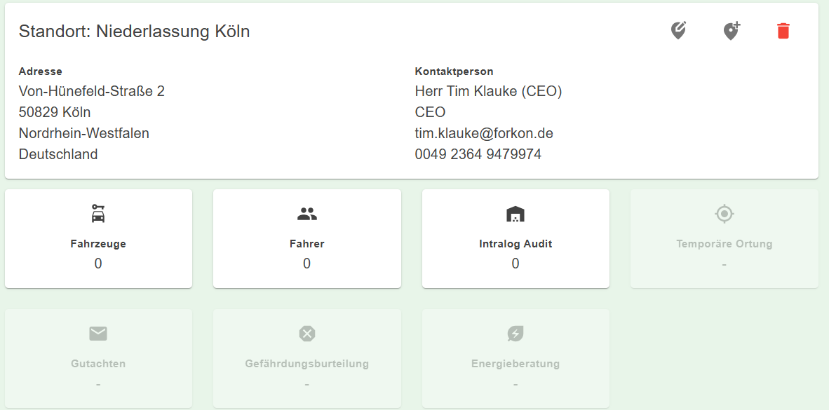 Site view in the ForkOn software: address, contact person and tiles for vehicles, drivers and the Intralog Audit