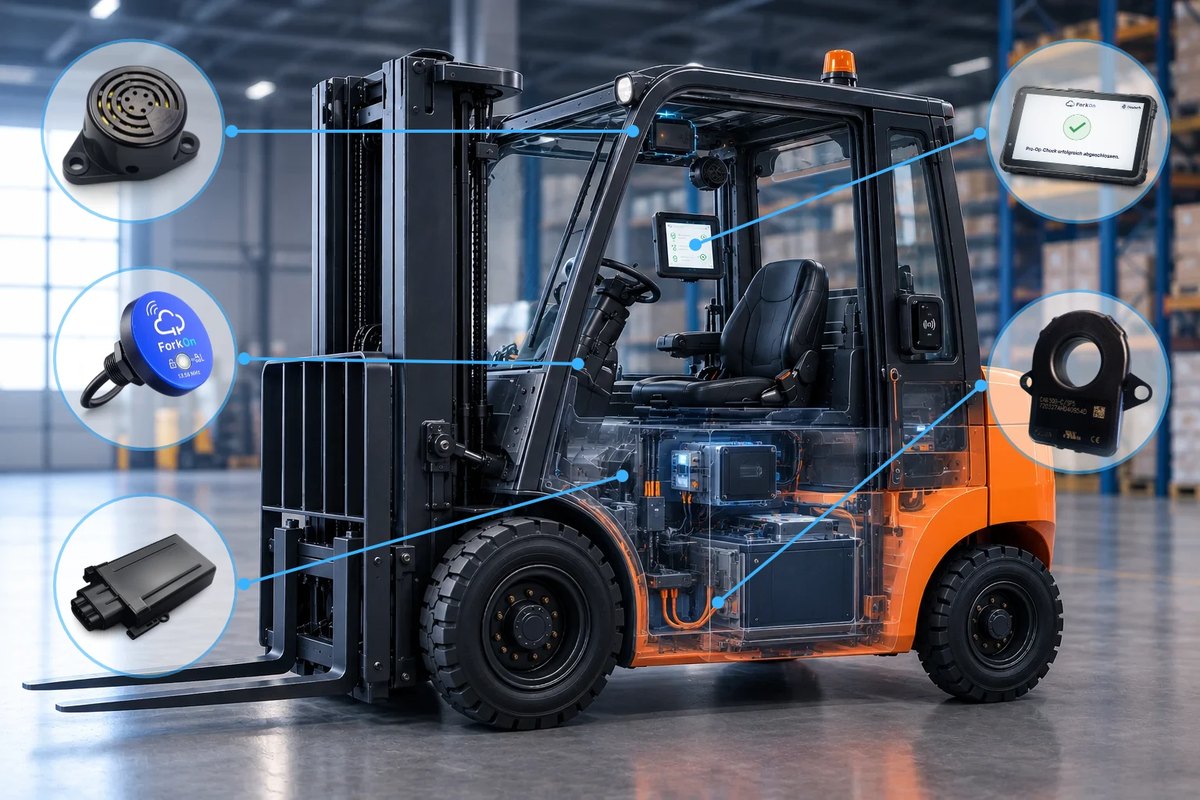 Forklift with the telematics components marked: horn, RFID reader, IoT unit, tablet and current sensor