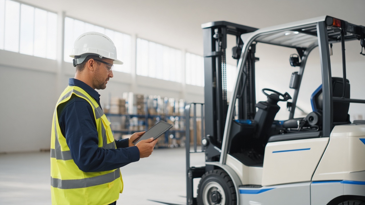 Fleet manager with a tablet beside an electric forklift