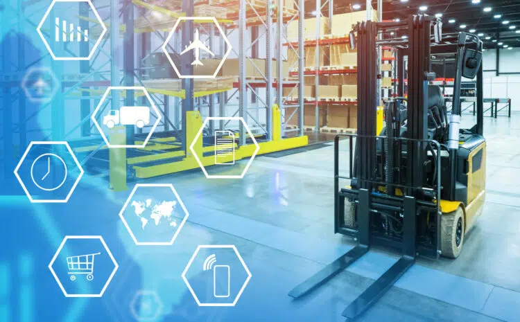 Forklift in logistics warehouse. Fulfillment symbols next to forklift